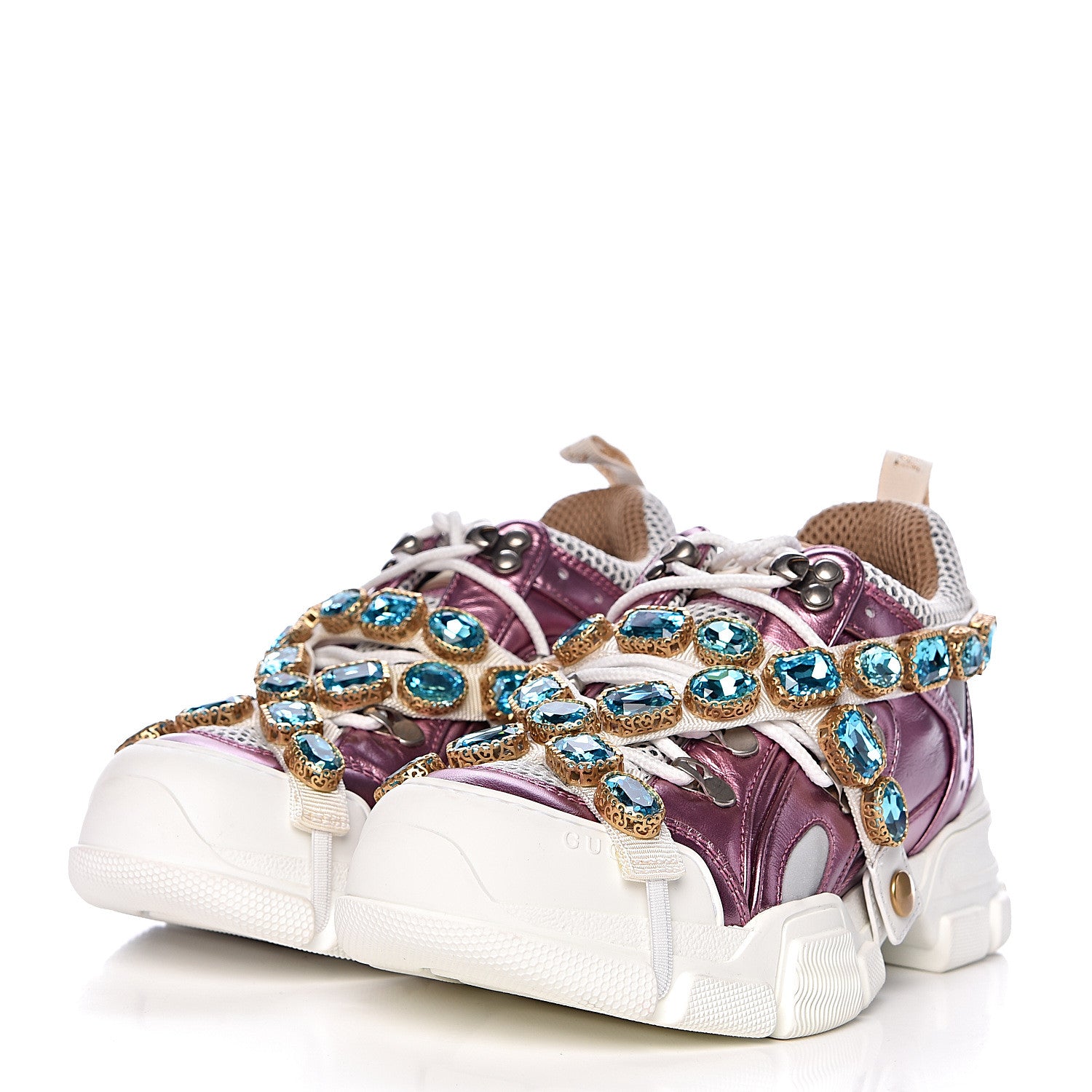 Gucci X SEGA Metallic Calfskin Mesh Removable Crystals Womens Flashtrek Sneakers 36 Rosa Great White Silver 3 of 10