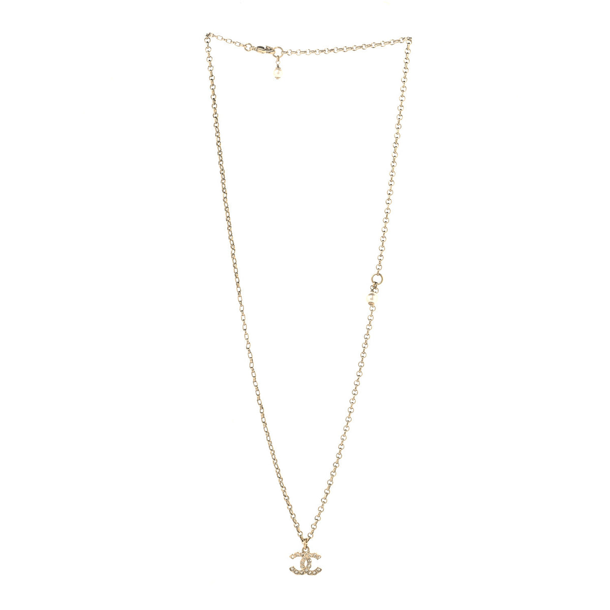 Chanel Metal Pearl Crystal CC Textured Pendant Necklace Gold 3 of 5