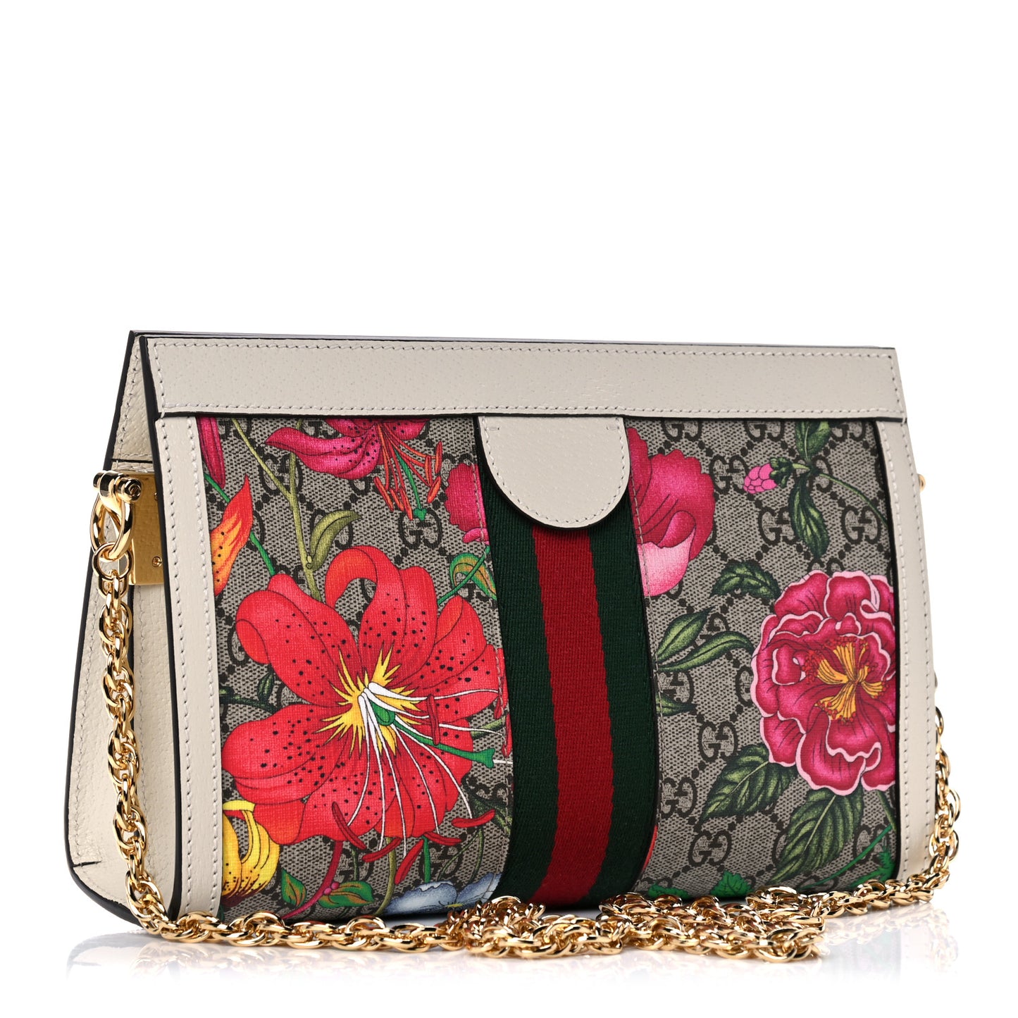 GG Supreme Monogram Flora Web Small Ophidia Chain Shoulder Bag White