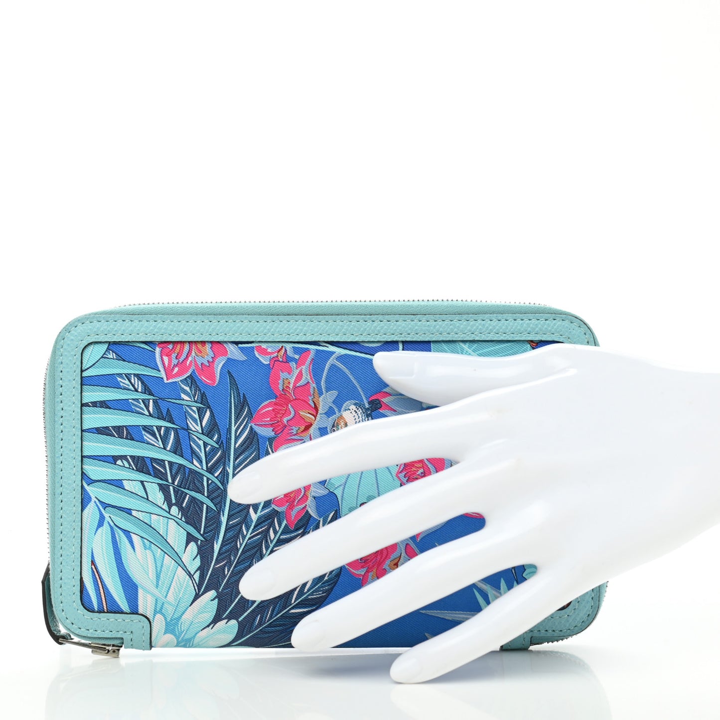 Epsom Printed Silk Flamingo Party Soie-Cool Wallet Mykonos Bleu Atoll