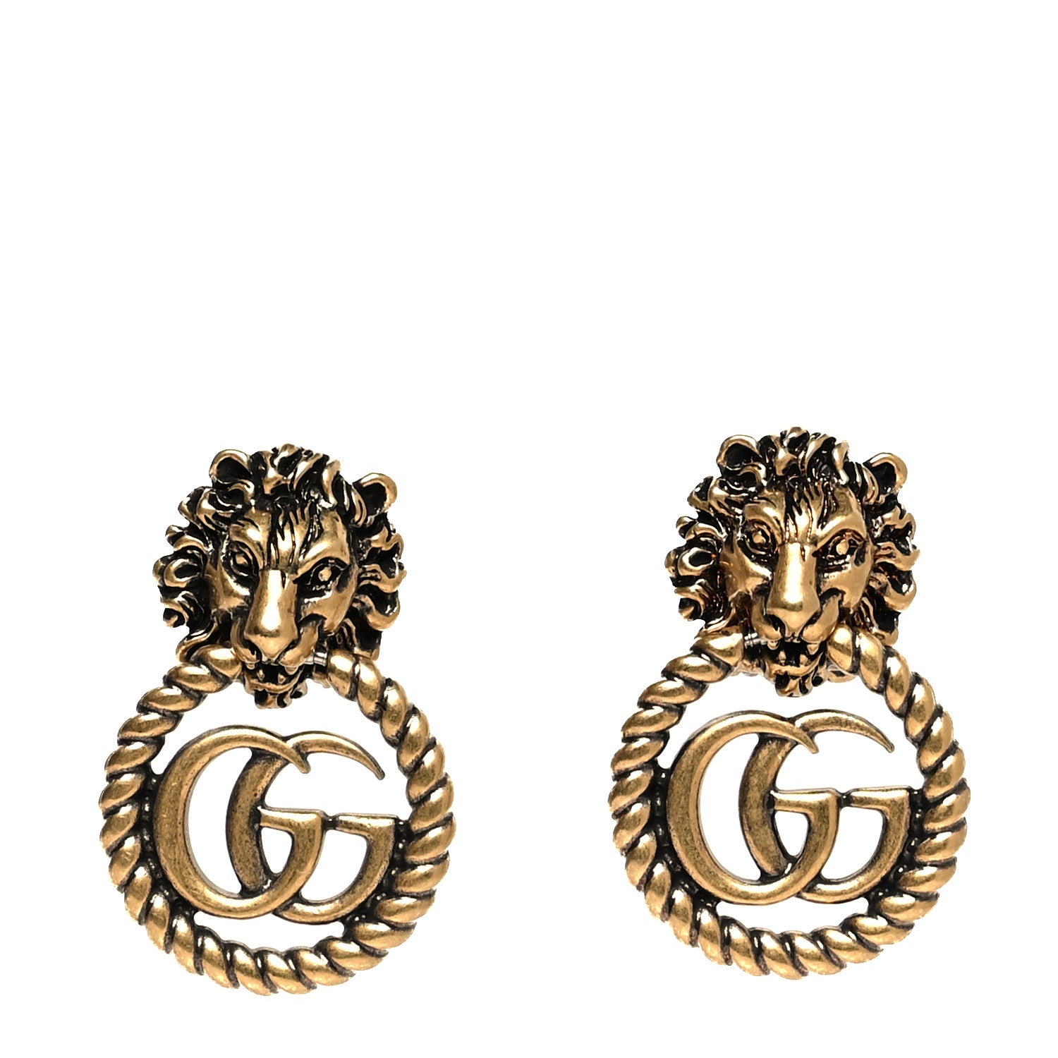Gucci Metal Double G Lion Head Clip On Earrings Aged Gold 1 of 4