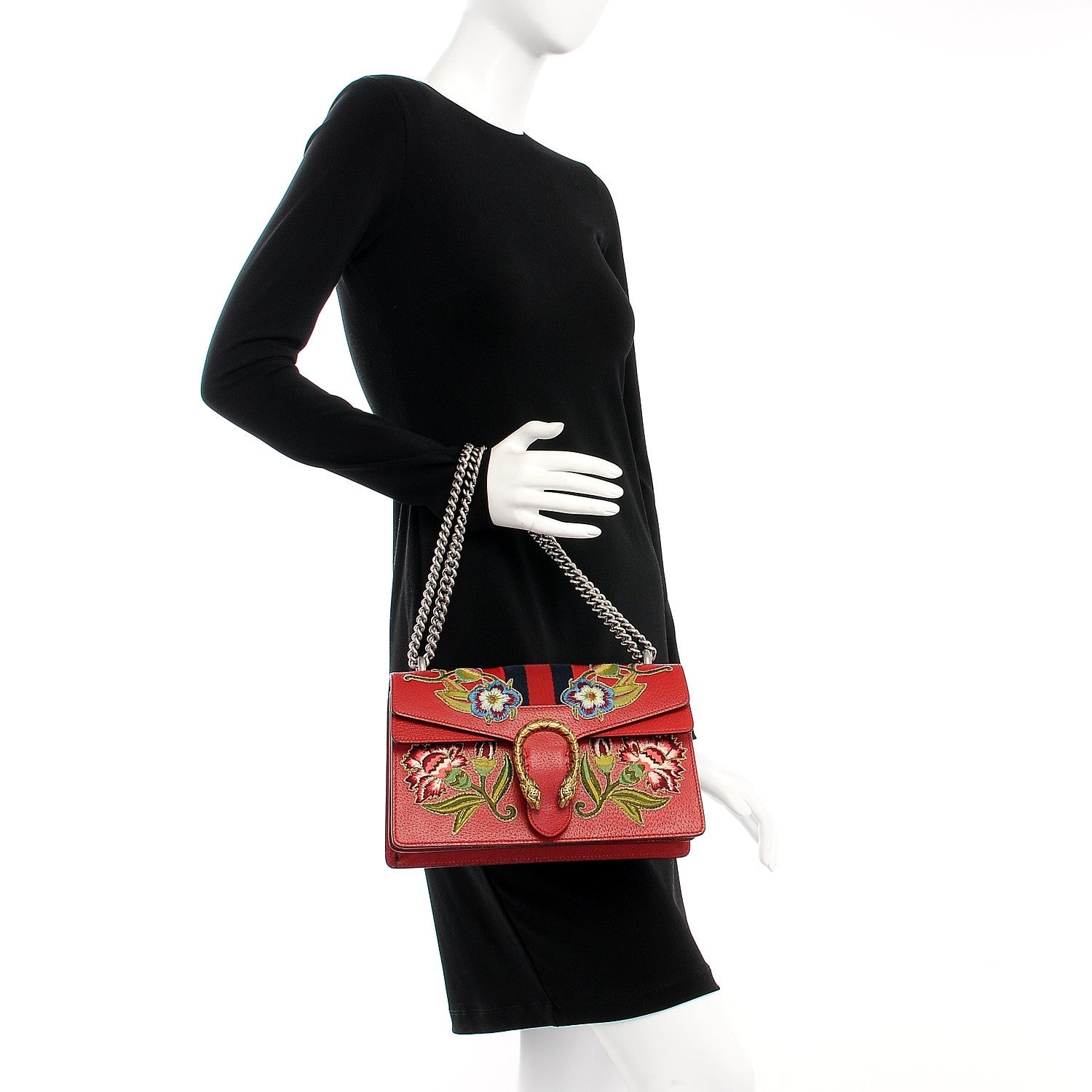 Gucci Calfskin Web Floral Embroidered Small Dionysus Shoulder Bag Hibiscus Red 2 of 7