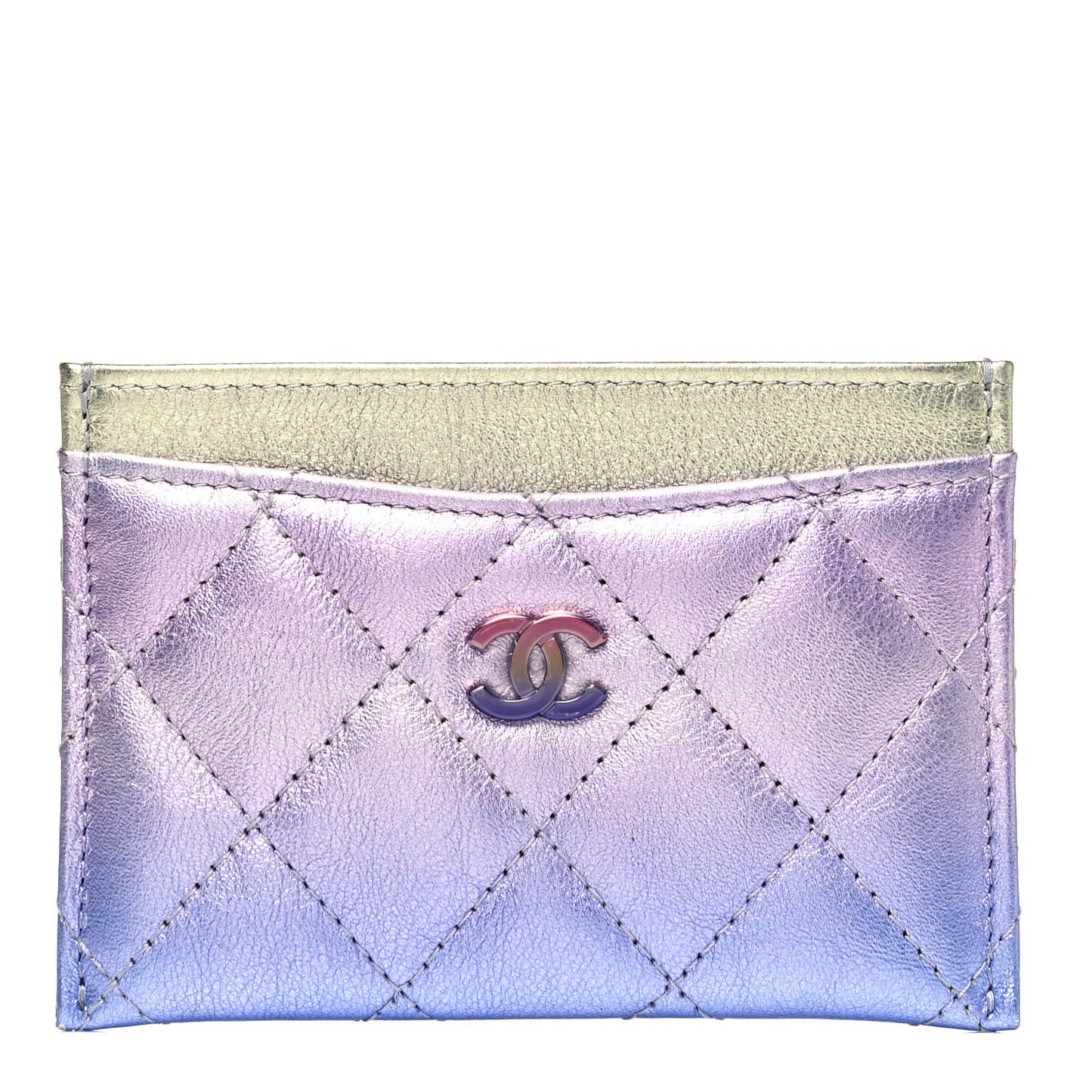 Gradient Metallic Calfskin Quilted Card Holder Silver Blue Yellow Purple
