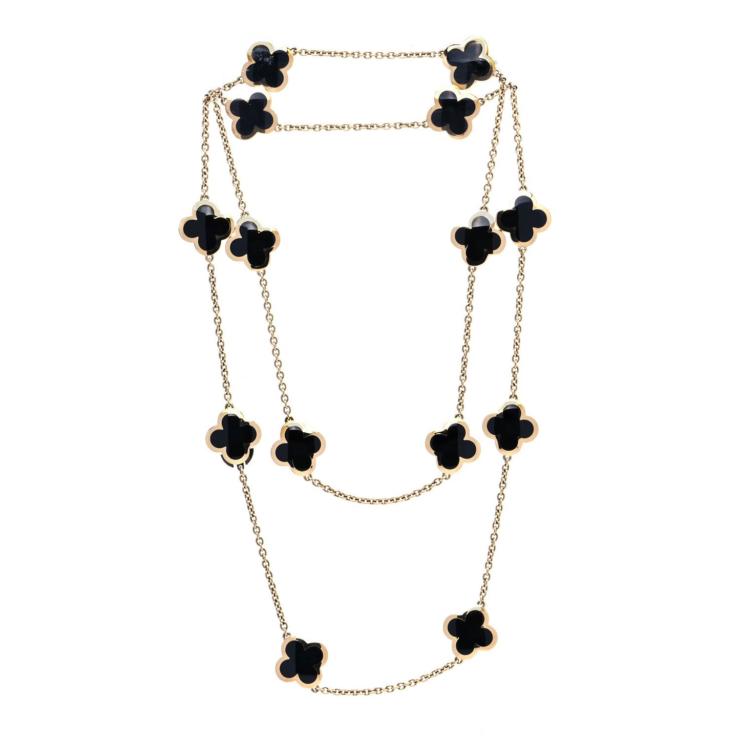 18K Yellow Gold Black Onyx Pure 14 Motifs Alhambra Necklace