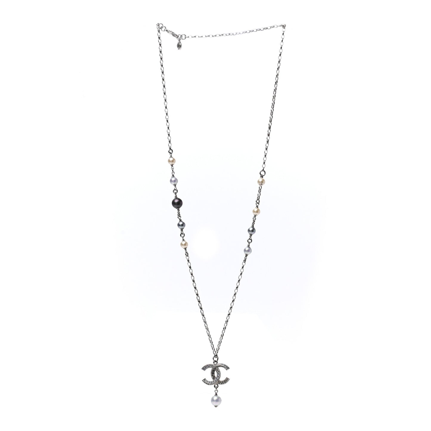 Crystal Pearl Twisted CC Drop Necklace Silver
