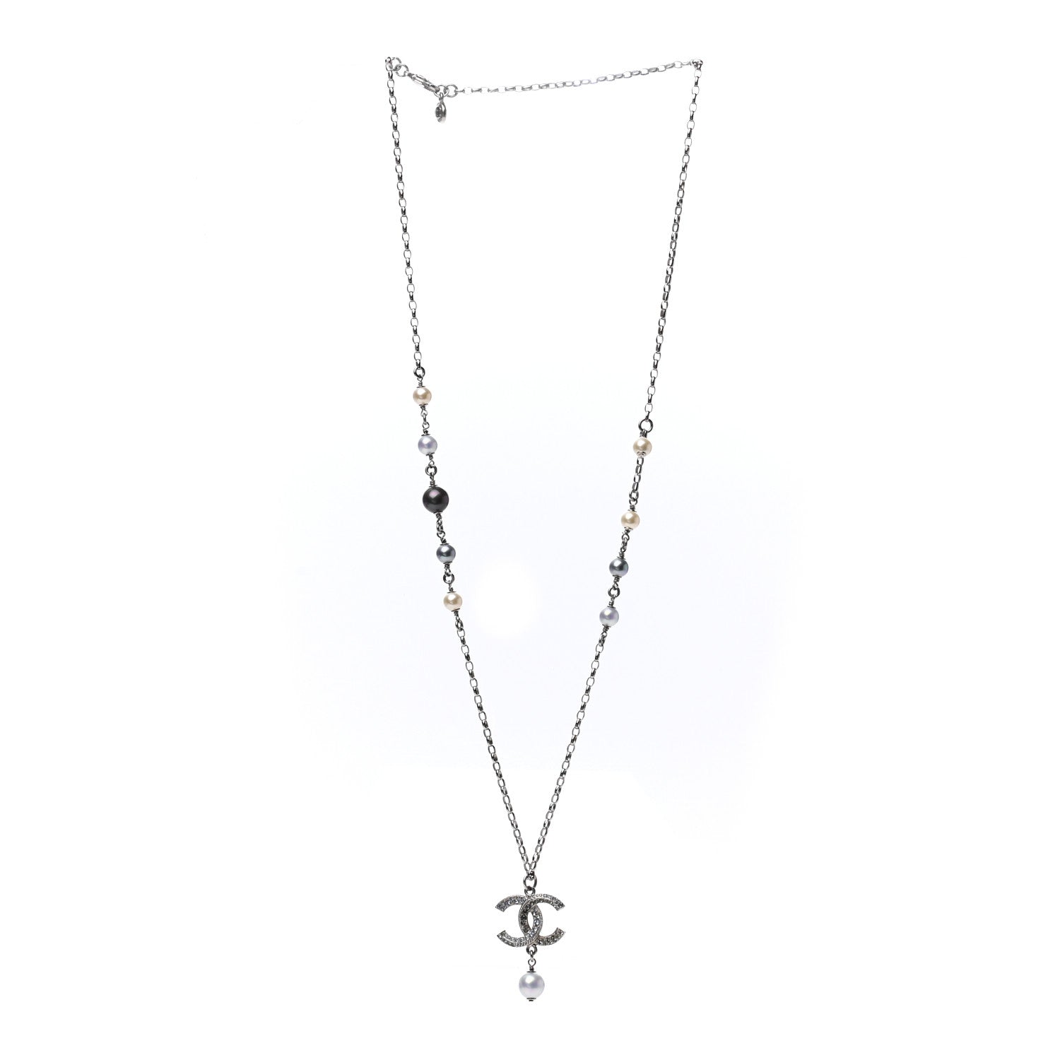 Chanel Crystal Pearl Twisted CC Drop Necklace Silver 3 of 5