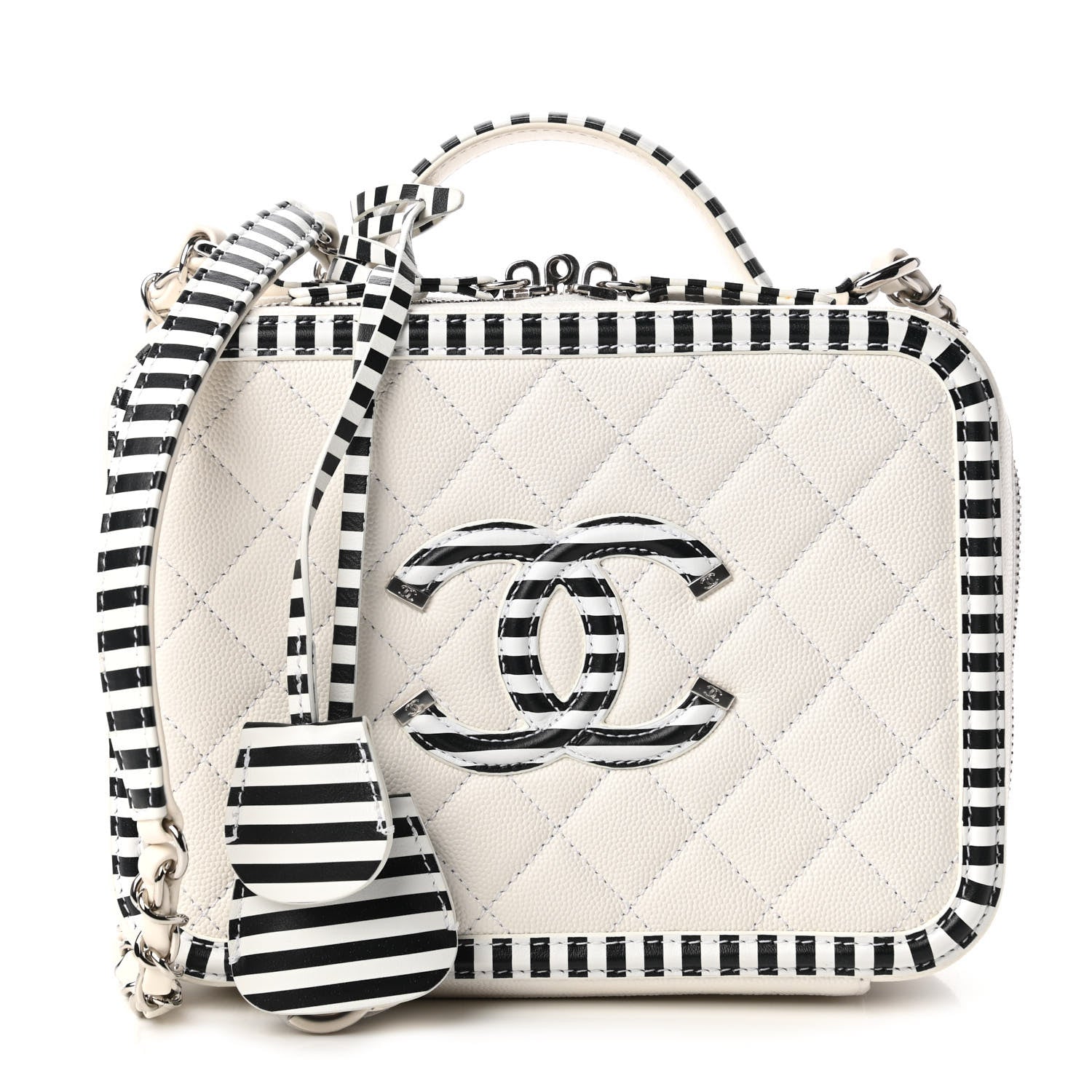 Chanel Caviar Quilted Striped Medium CC Filigree Vanity Case White Black 1 of 11