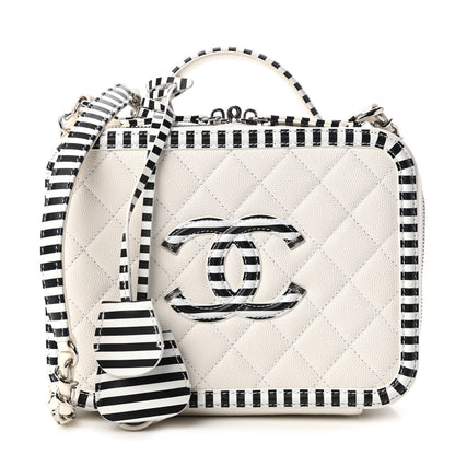 Chanel Caviar Quilted Striped Medium CC Filigree Vanity Case White Black 1 of 11