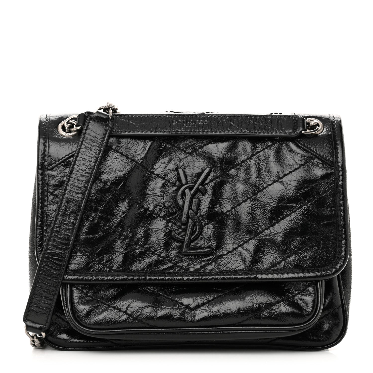 Saint Laurent Crinkled Calfskin Matelasse Monogram Baby Niki Chain Satchel Black 1 of 10