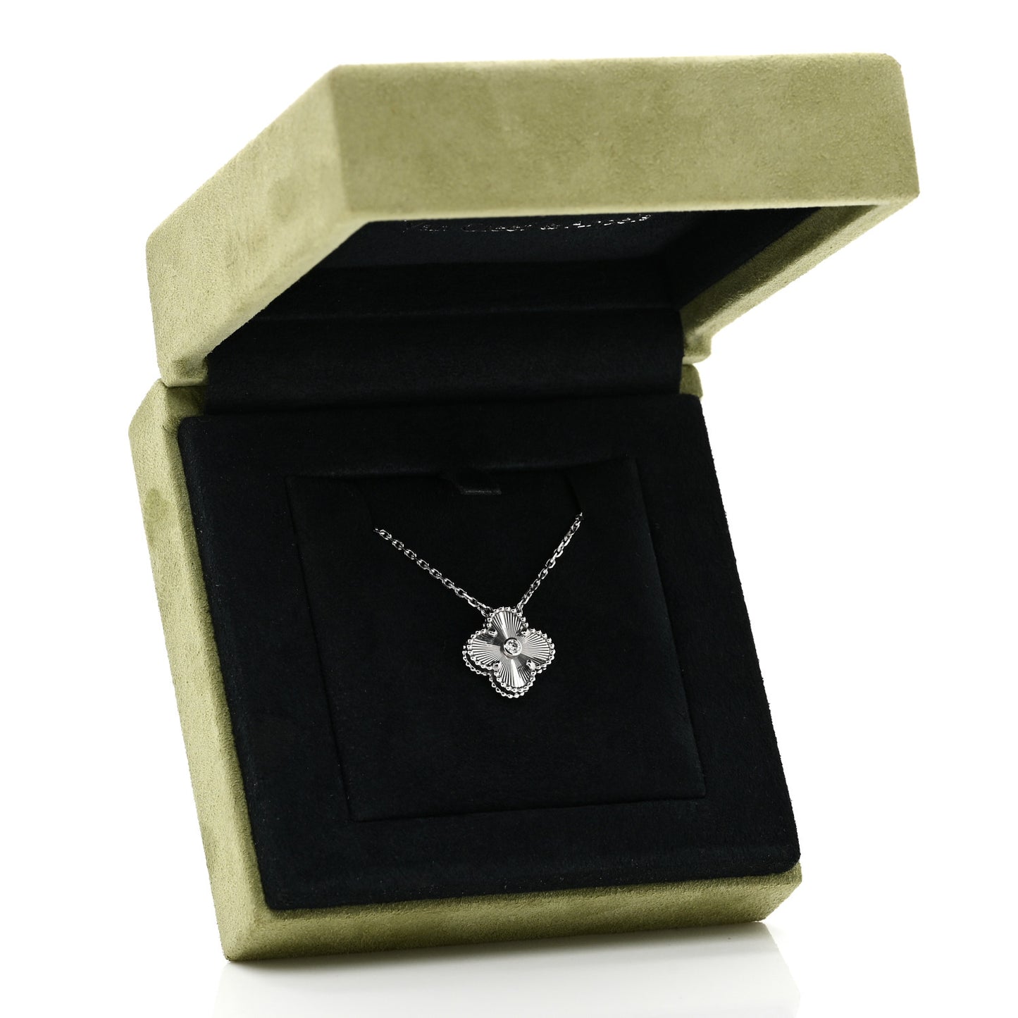 18K White Gold Diamond Guilloche Vintage Alhambra Pendant Necklace