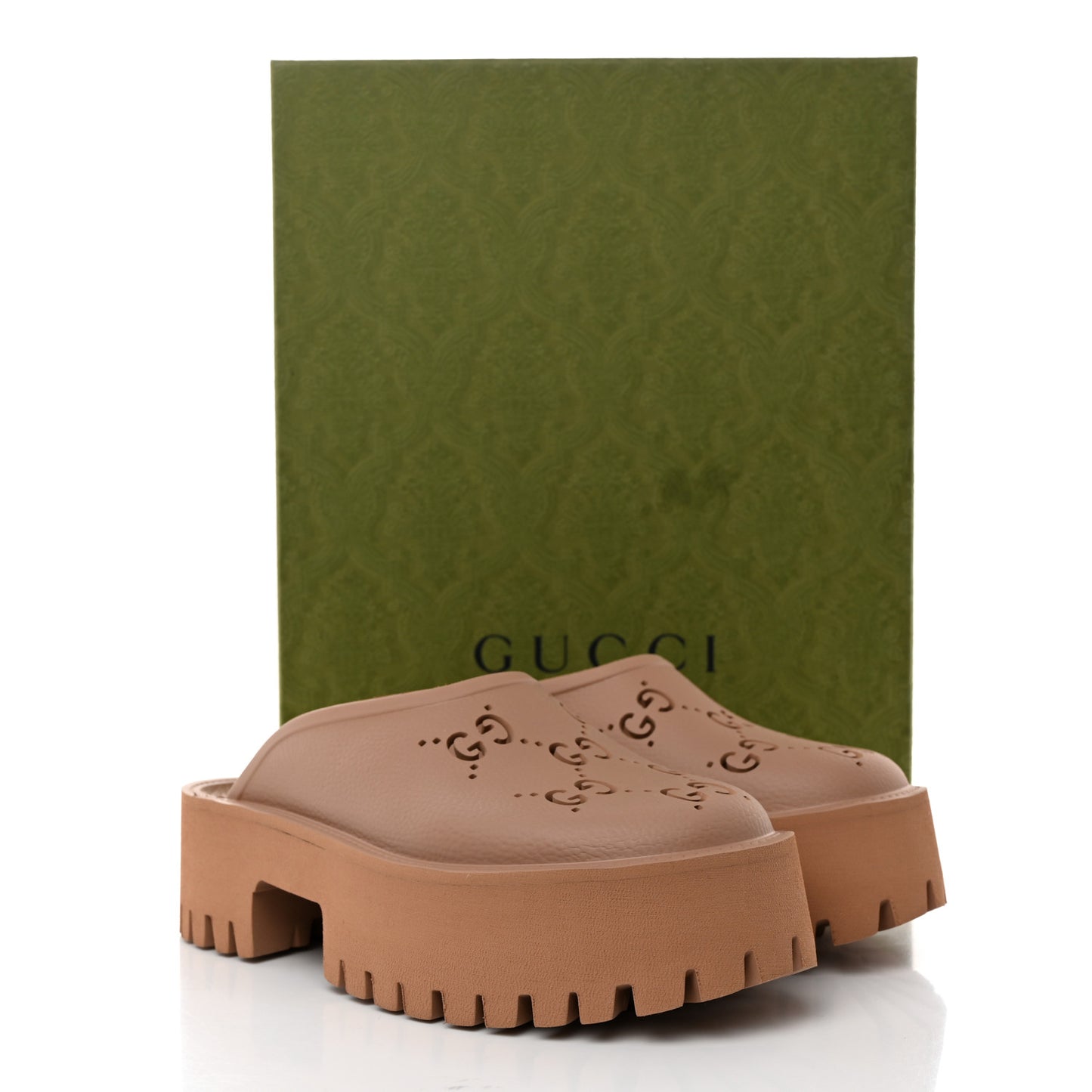 Rubber GG Monogram Perforated Elea Platform 55mm Lug Sole Sandals 38 Vintage Camel