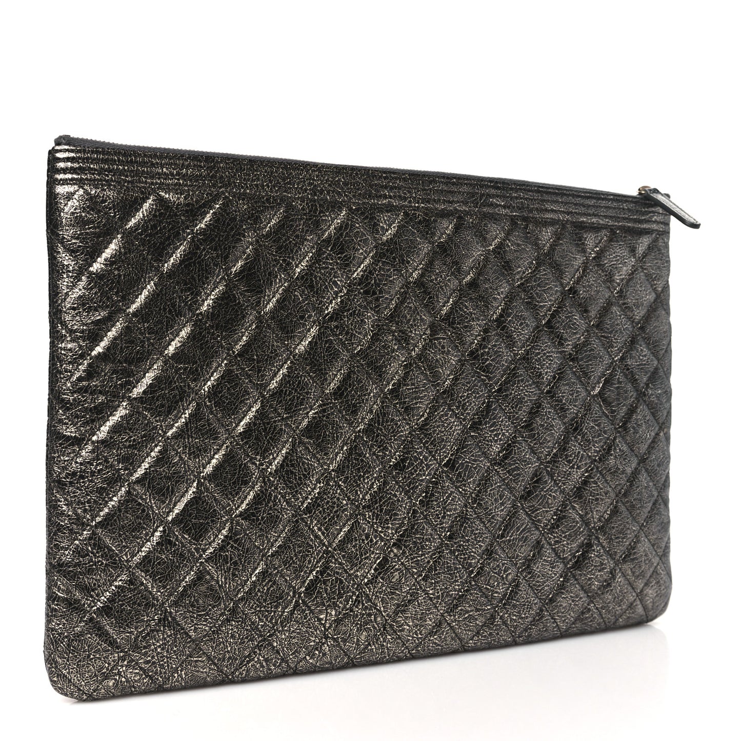 Cracked Metallic Calfskin Quilted Large Boy Cosmetic Case Dark Silver