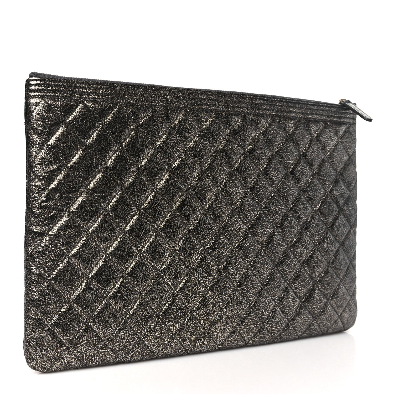 Chanel Cracked Metallic Calfskin Quilted Large Boy Cosmetic Case Dark Silver 3 of 11