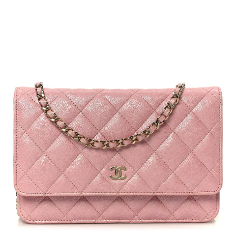 Iridescent Caviar Quilted Wallet on Chain WOC Rose Pink