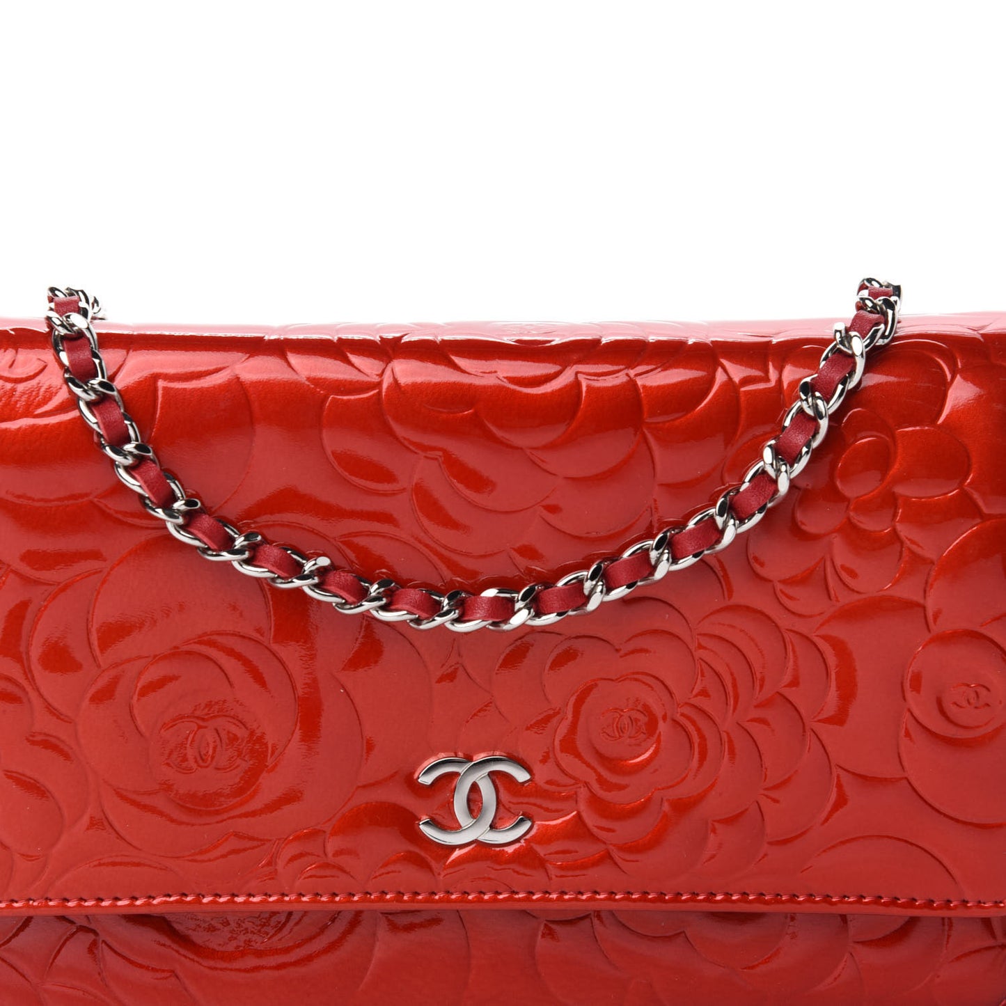 Patent Camellia Embossed Wallet On Chain WOC Dark Red