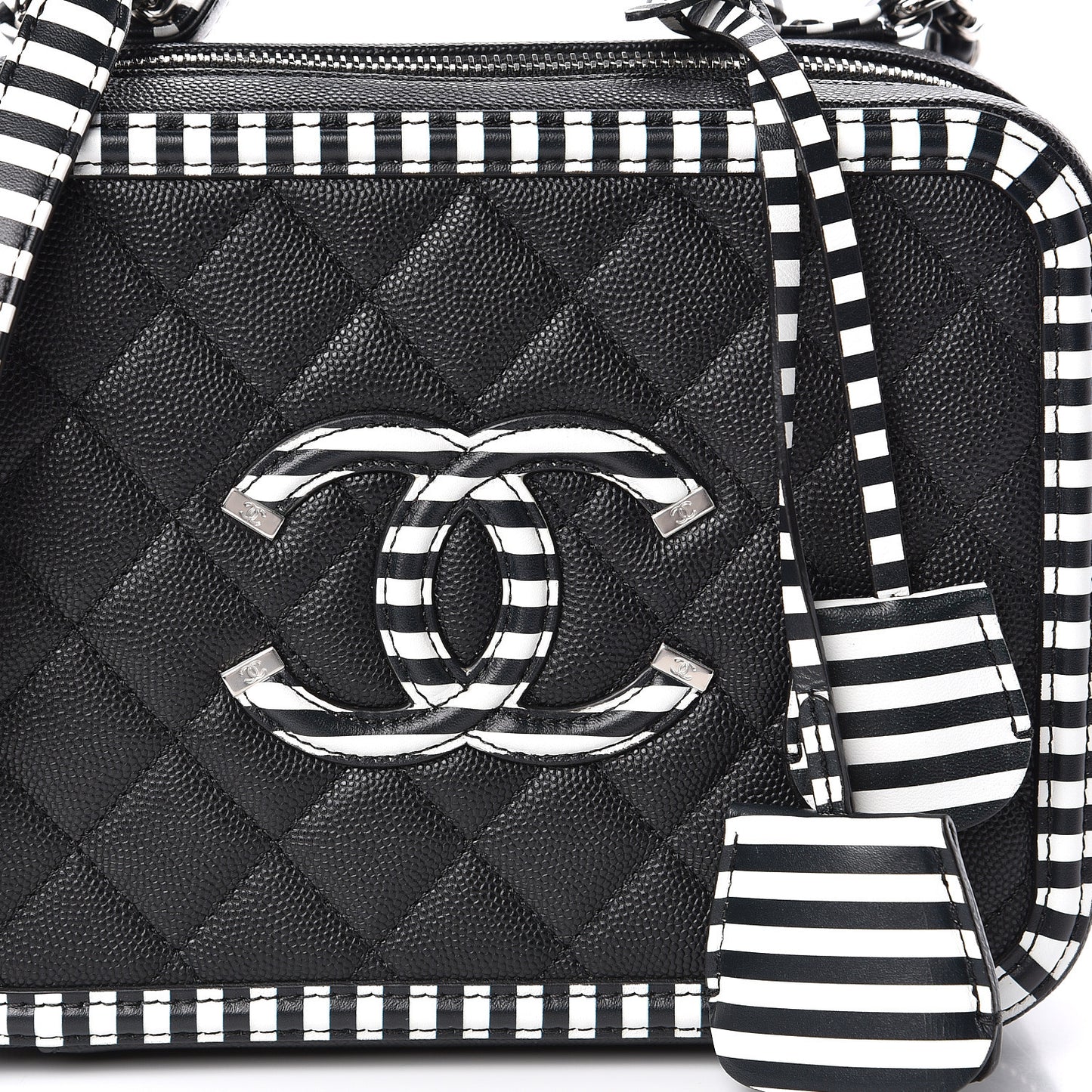 Caviar Quilted Striped Medium CC Filigree Vanity Case Black White