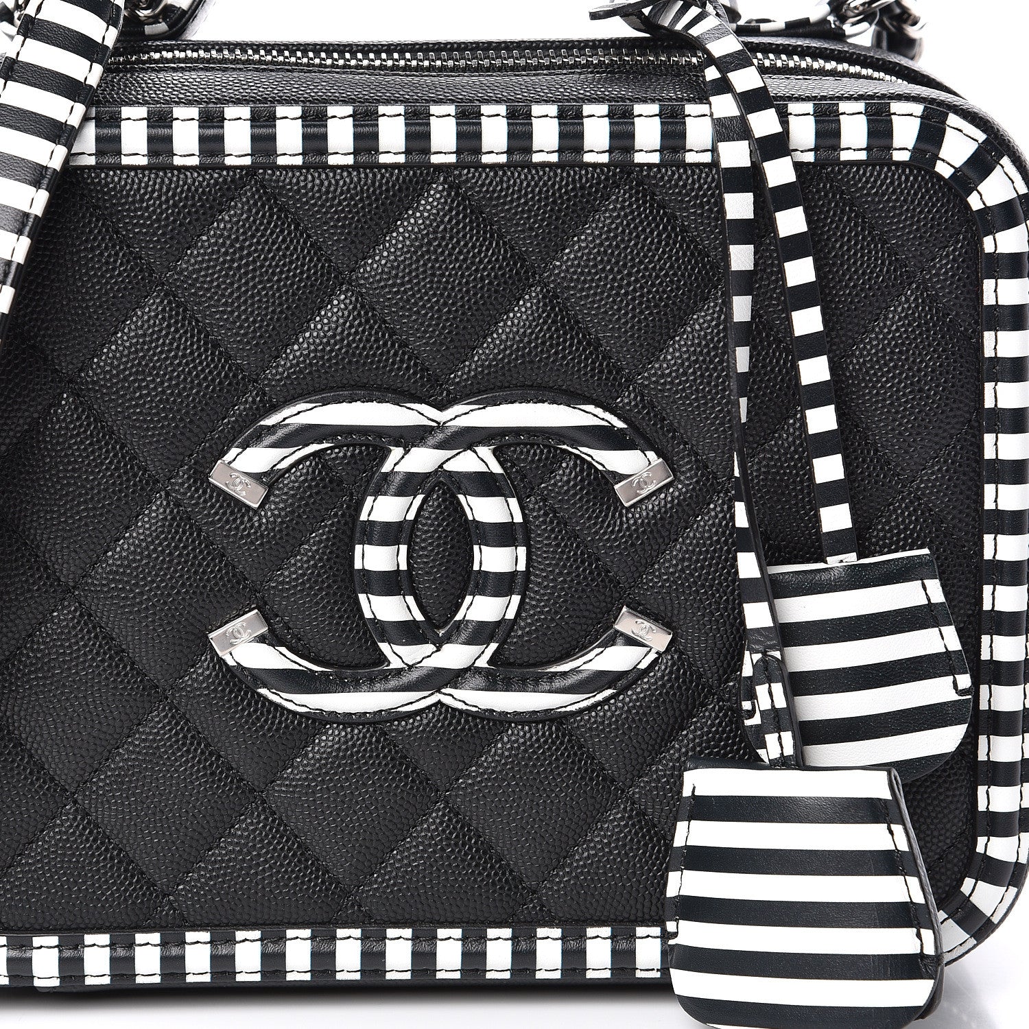Chanel Caviar Quilted Striped Medium CC Filigree Vanity Case Black White 10 of 11