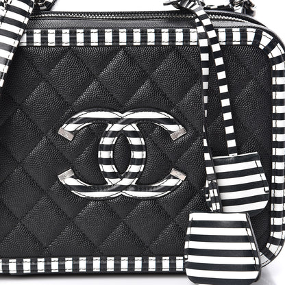 Chanel Caviar Quilted Striped Medium CC Filigree Vanity Case Black White 10 of 11