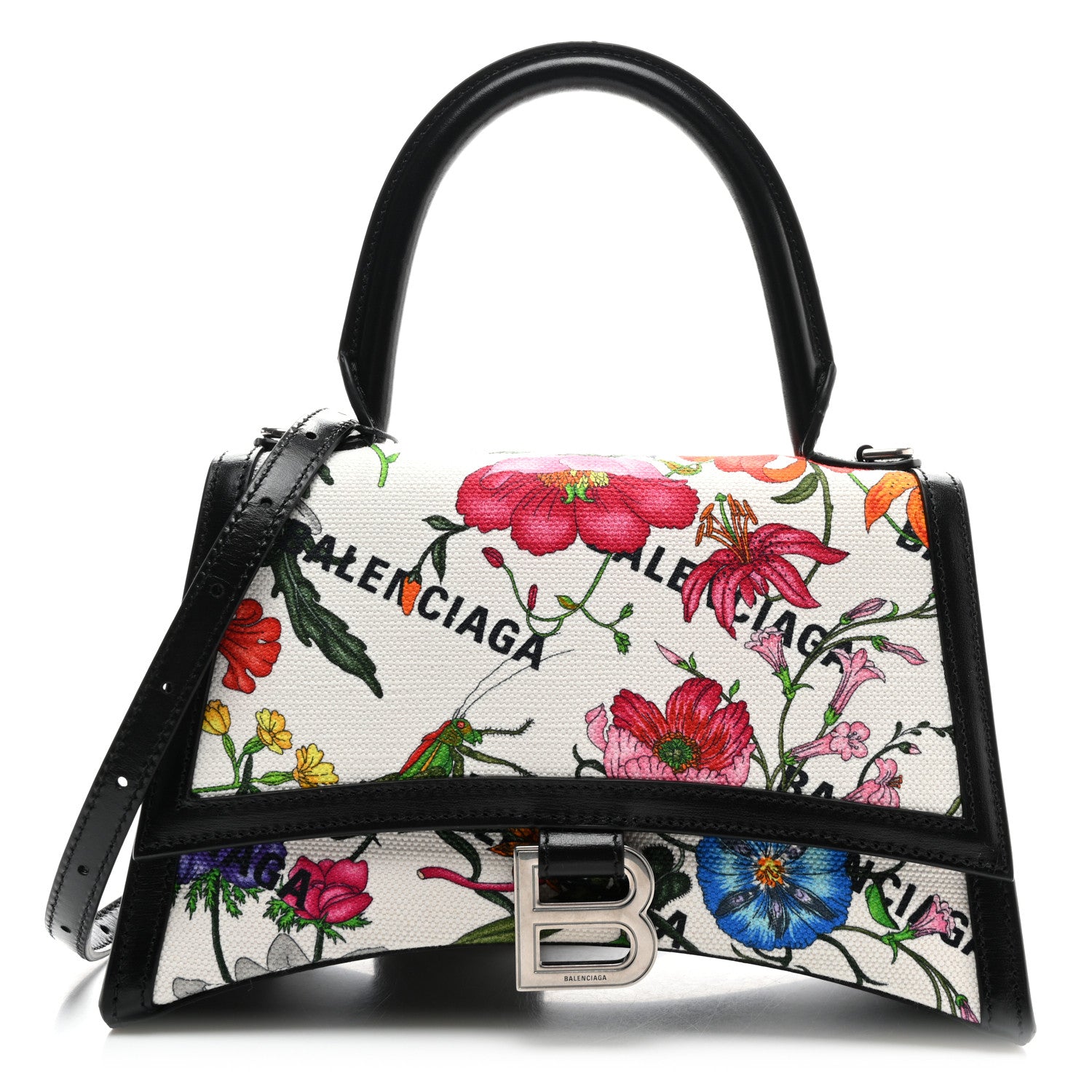 Balenciaga X GUCCI Canvas Boarded Plutone Calfskin Flora Logo Print Small Hourglass Top Handle Bag White Multicolor Black 1 of 9
