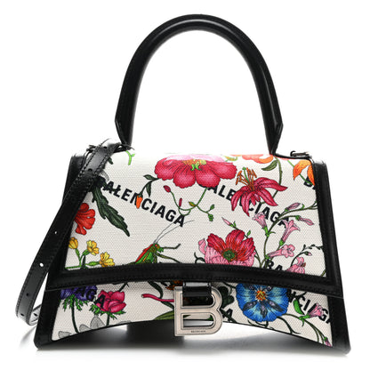 Balenciaga X GUCCI Canvas Boarded Plutone Calfskin Flora Logo Print Small Hourglass Top Handle Bag White Multicolor Black 1 of 9