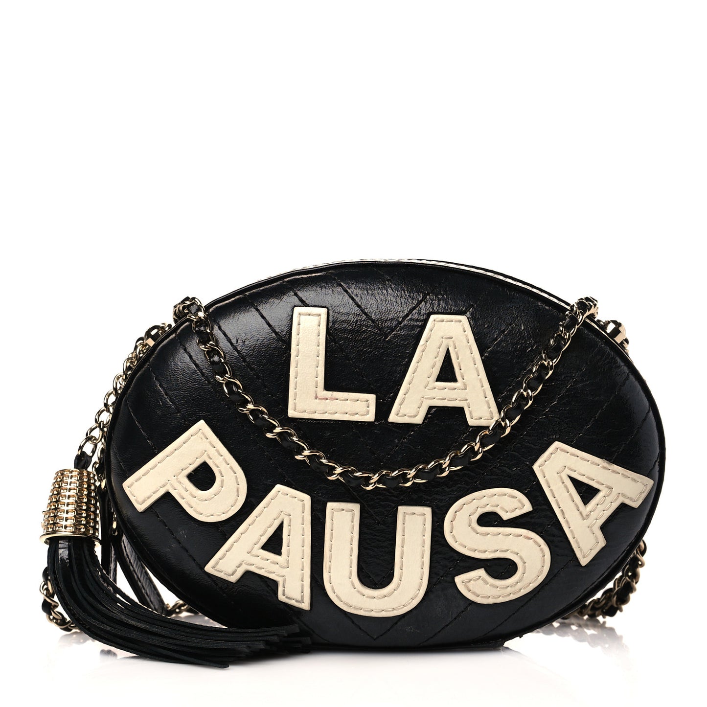 Lambskin Embroidered Chevron Quilted La Pausa Tassel Clutch Black