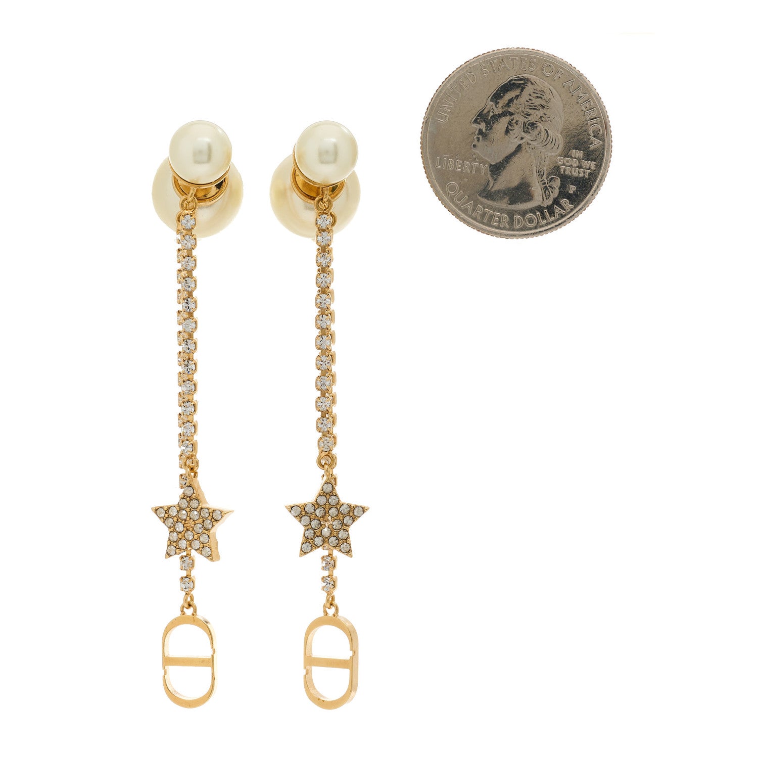 Christian Dior Pearl Crystal Star Tribale Dangle Chain Earrings Gold 2 of 5