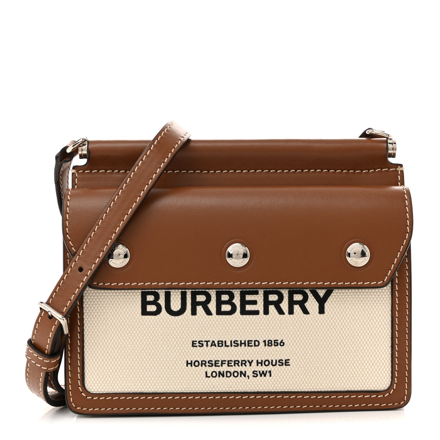 Burberry Smooth Calfskin Canvas Horseferry Print Mini Title Bag with Pocket Natural Malt Brown 1 of 15