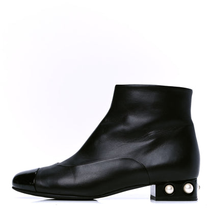 Chanel Lambskin Patent Pearl Cap Toe Short Boots 39.5 Black 1 of 4