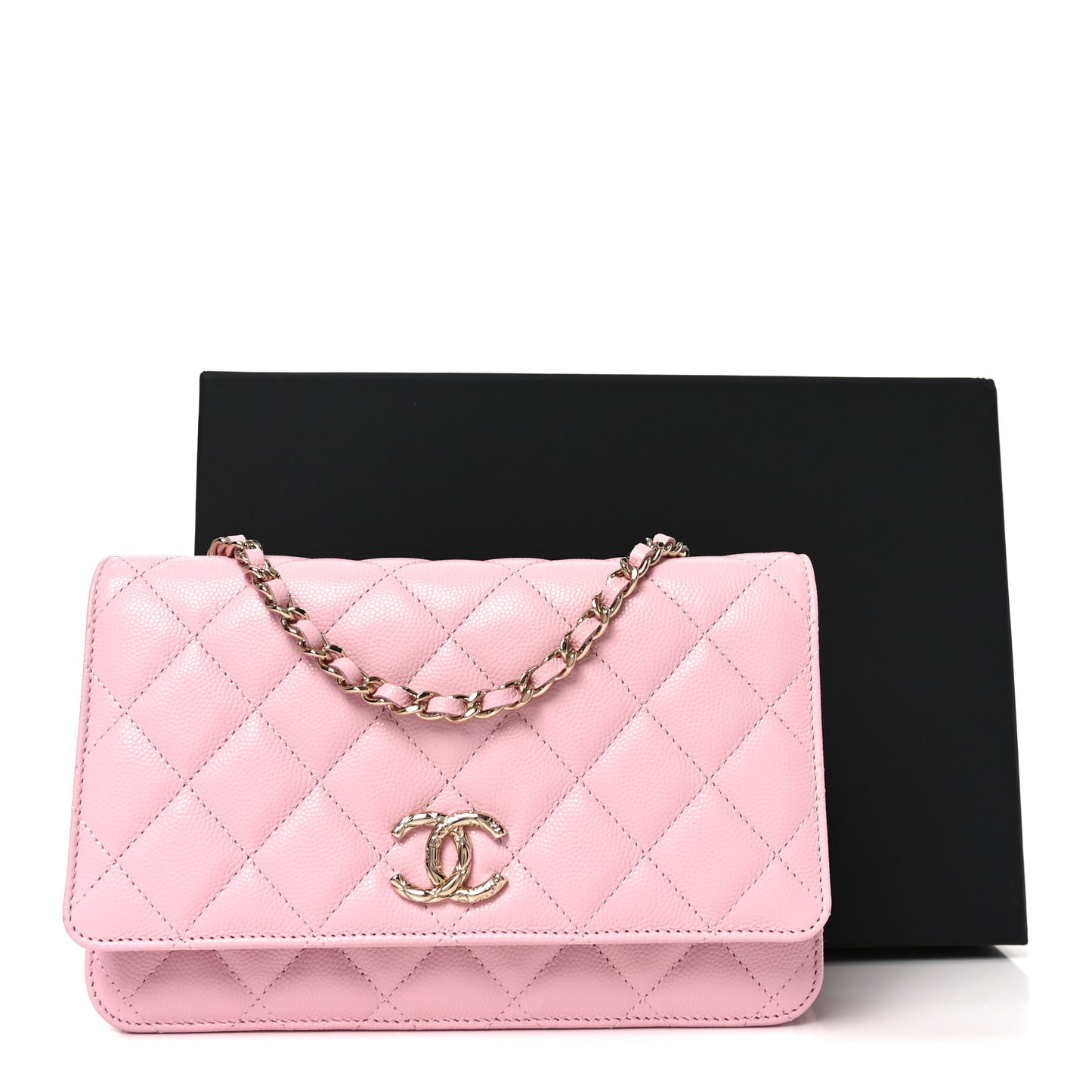 Caviar Quilted Textured CC Wallet on Chain WOC Light Pink