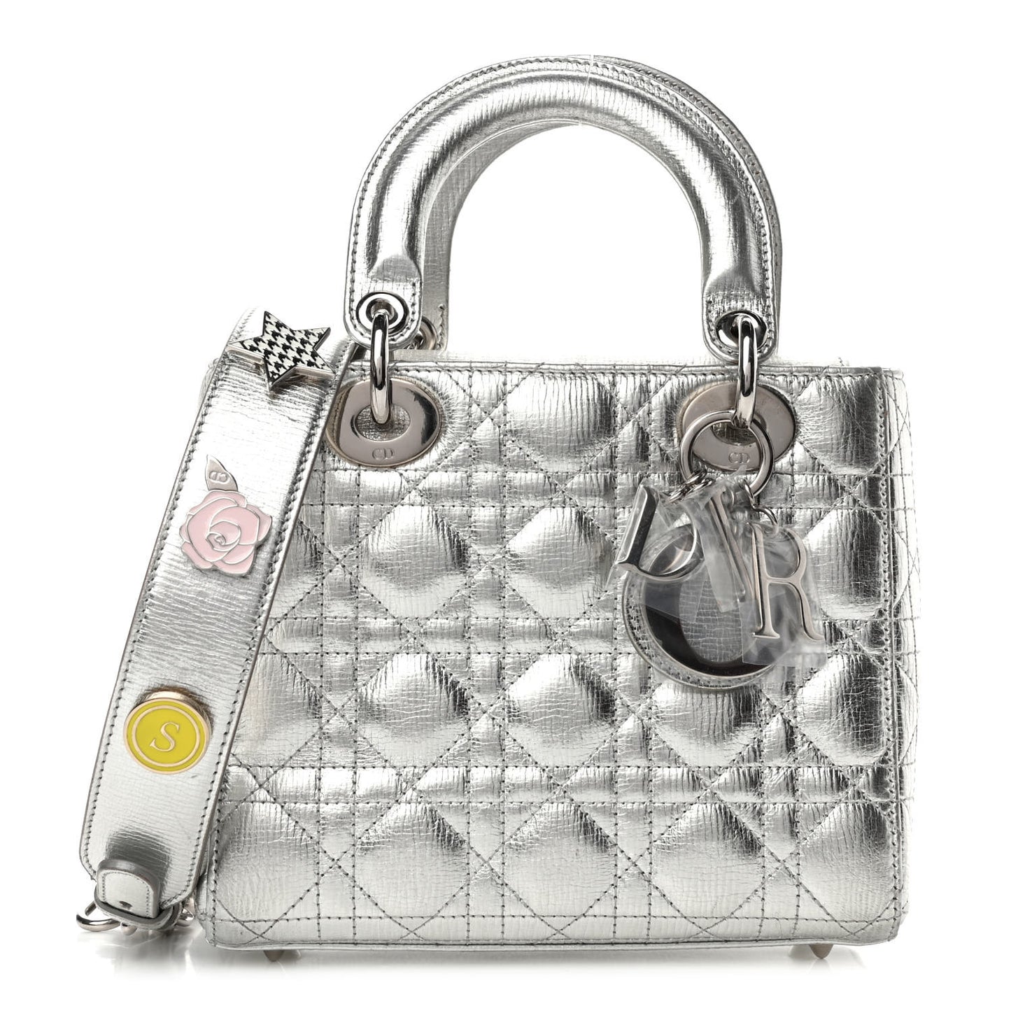 Metallic Grained Calfskin Cannage Small Lucky Badges My Lady Dior Silver