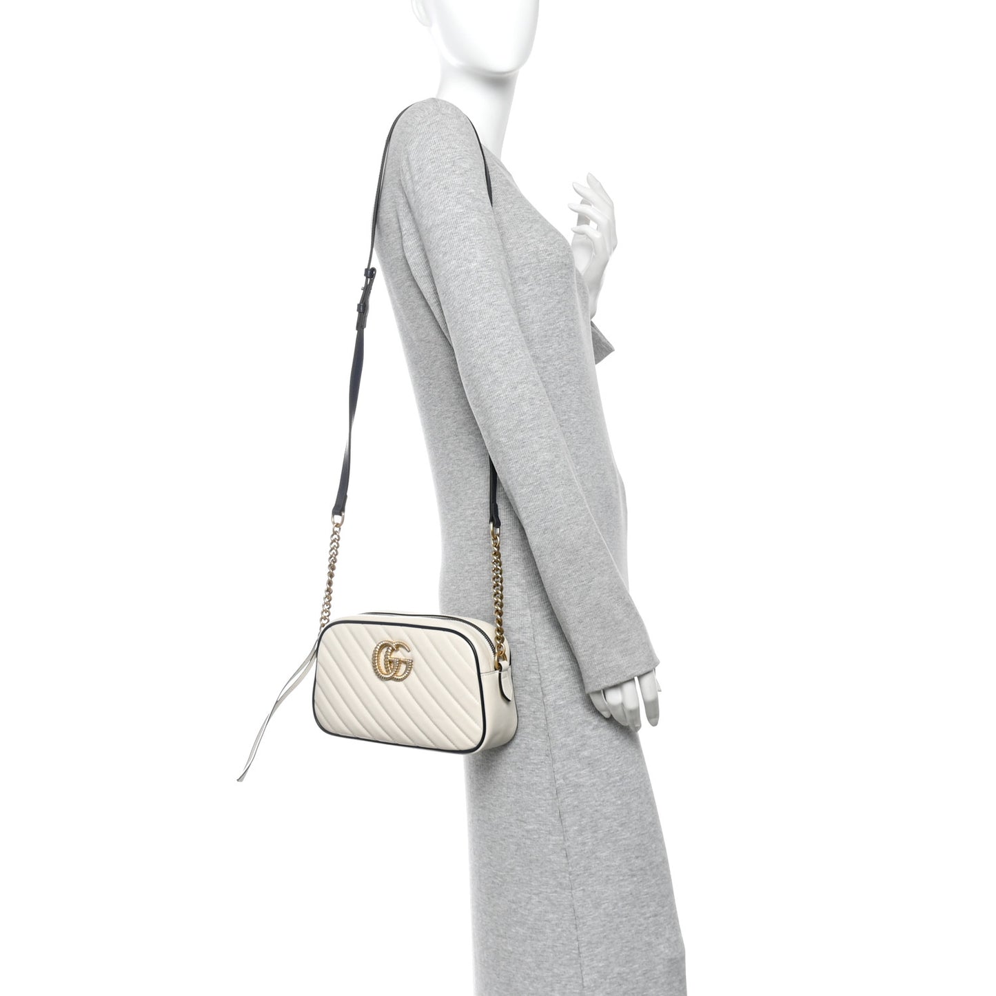 Vintage Effect Calfskin Matelasse Diagonal Small Torchon GG Marmont Chain Shoulder Bag Mystic White Blue Agata