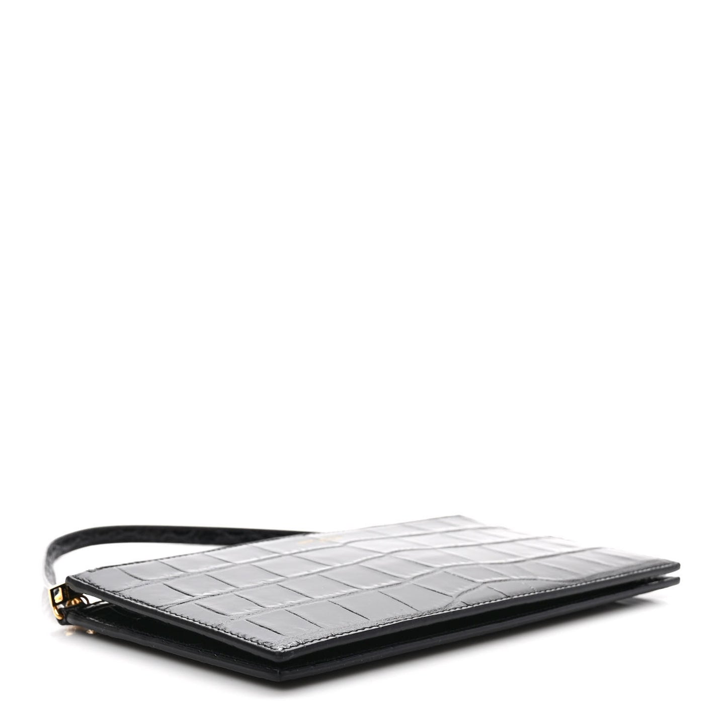 Calfskin Crocodile Embossed Double Pouch On Chain Black