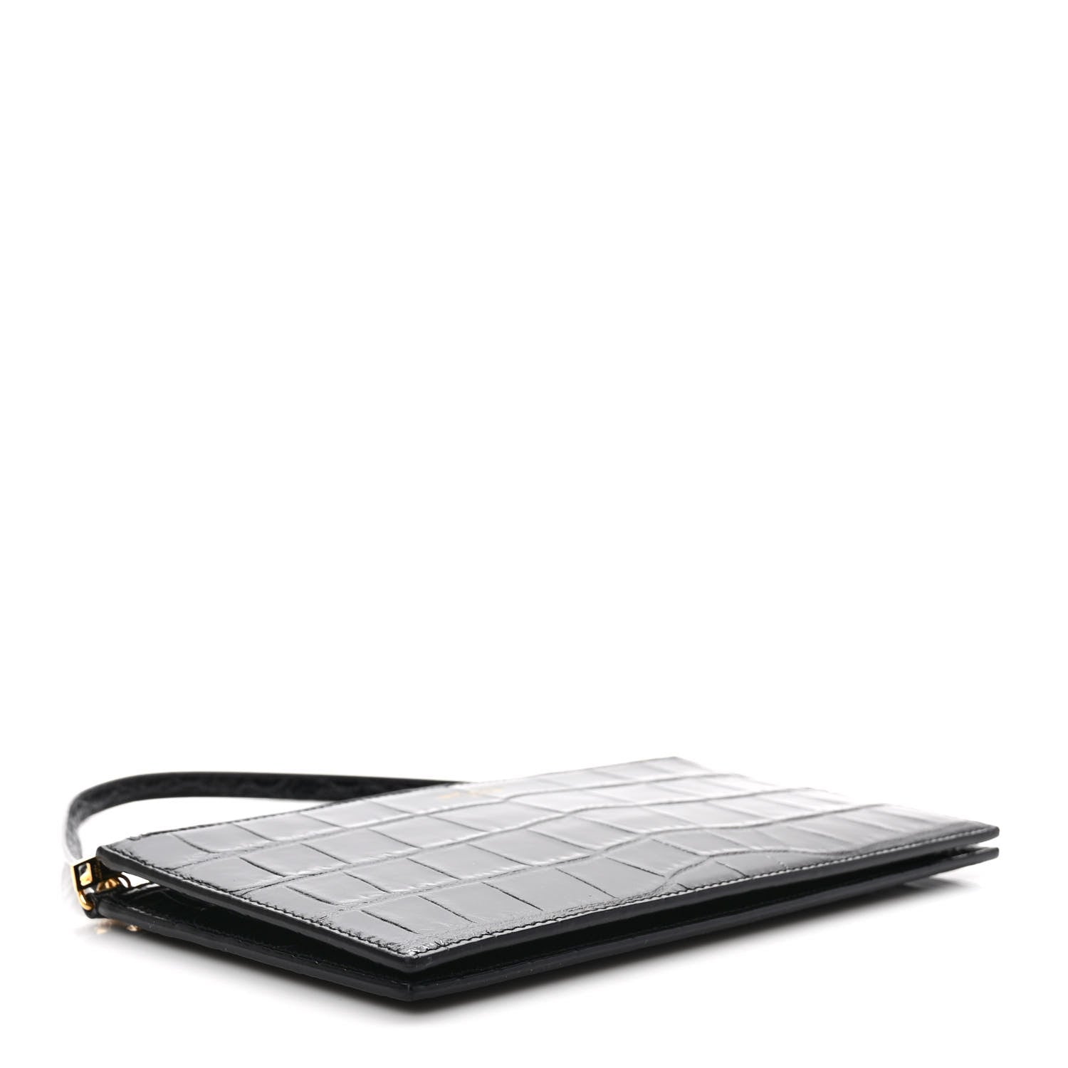 Saint Laurent Calfskin Crocodile Embossed Double Pouch On Chain Black 4 of 9