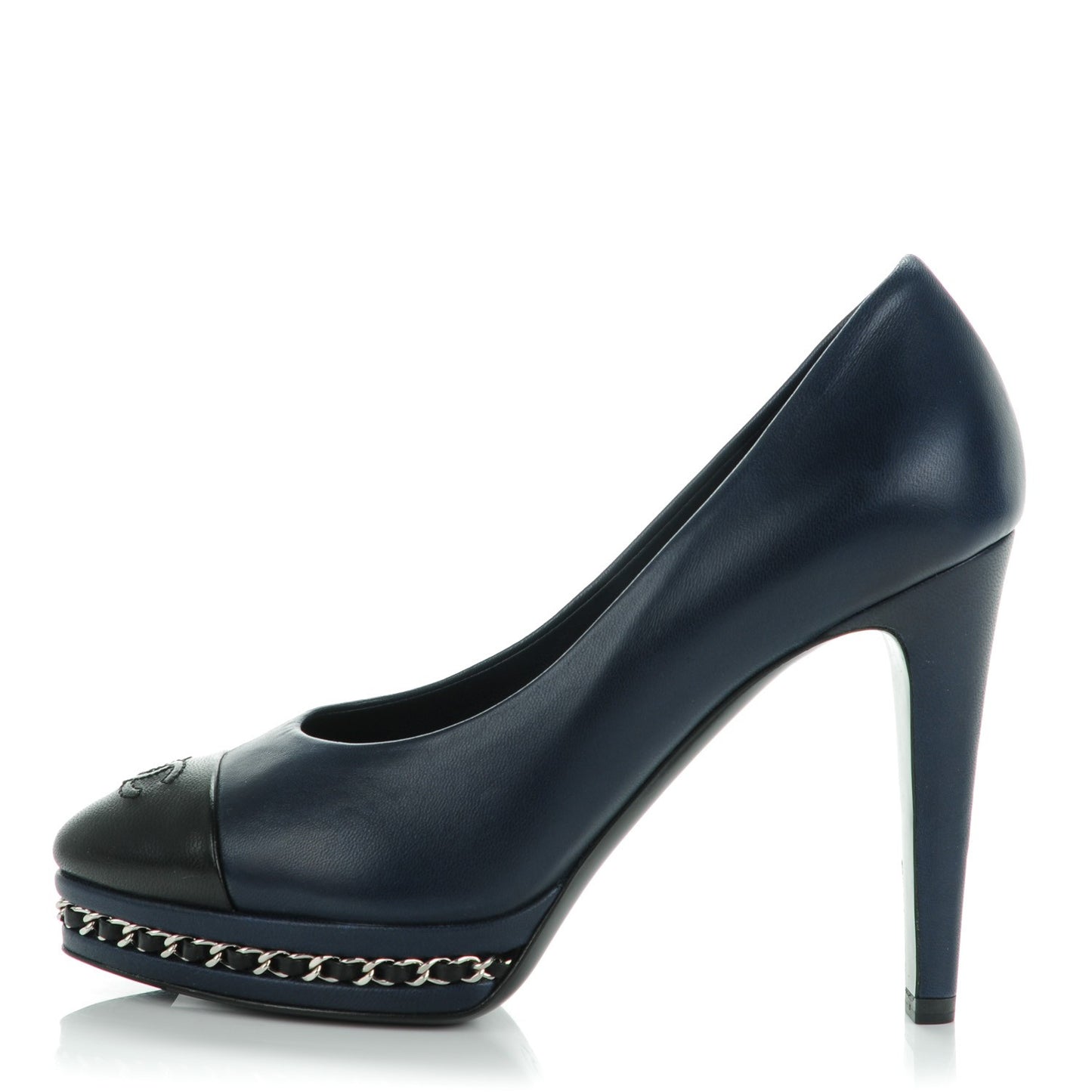 Calfskin CC Cap Toe Platform Chain Pumps 35 Navy Black