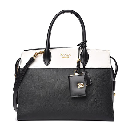 Prada Saffiano City Calf Medium Esplanade Tote Black White 1 of 11
