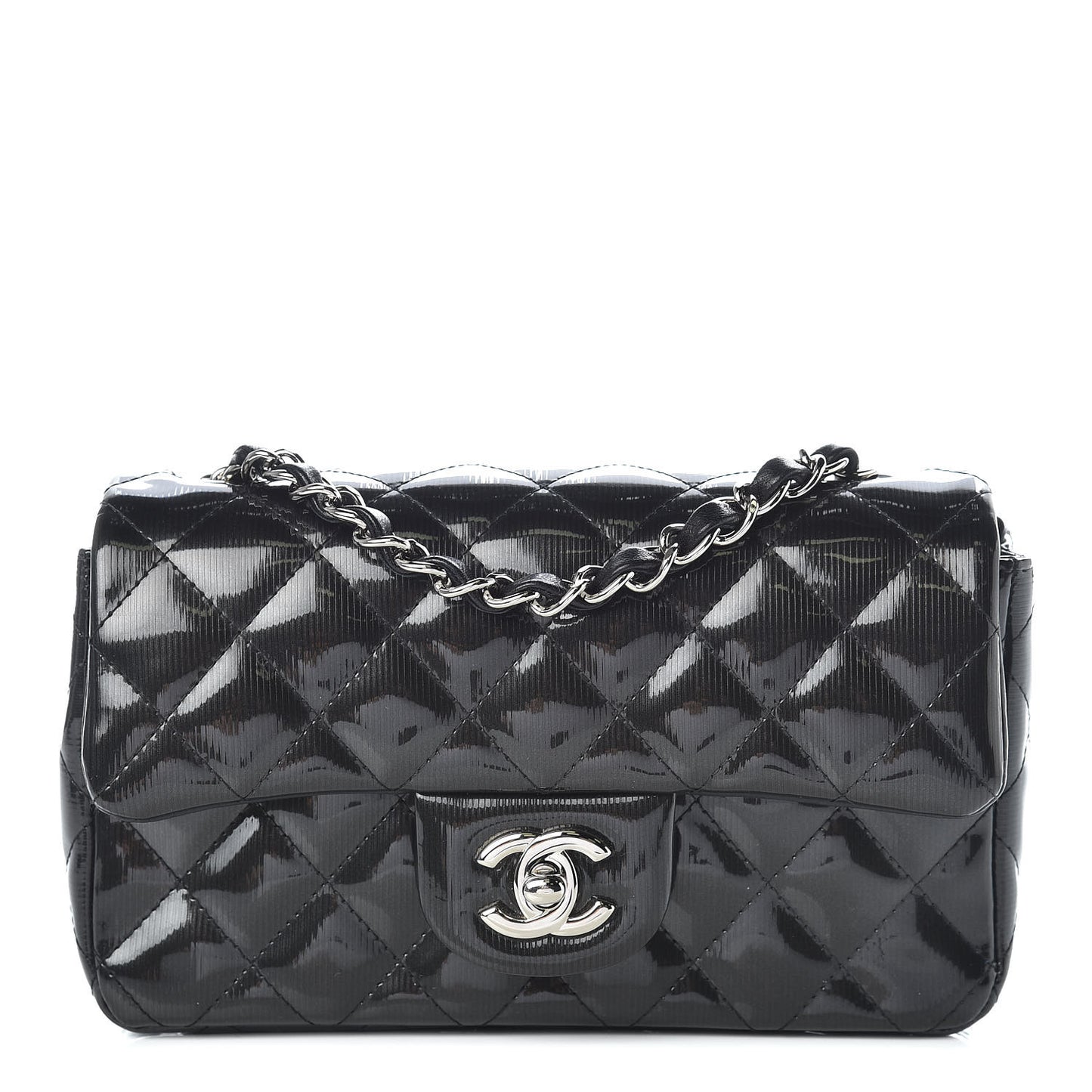 Striated Patent Quilted Mini Rectangular Flap Black