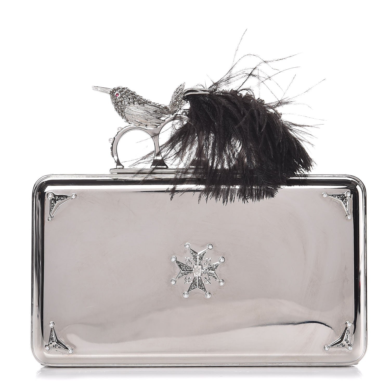 Alexander McQueen Metallic Feather Embellished Bird Knuckle Clutch Silver 1 of 6