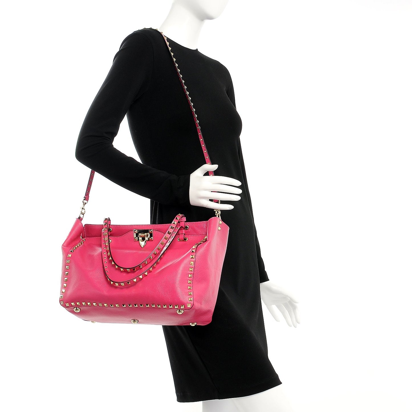 Textured Calfskin Medium Rockstud Tote Pop Fuxia