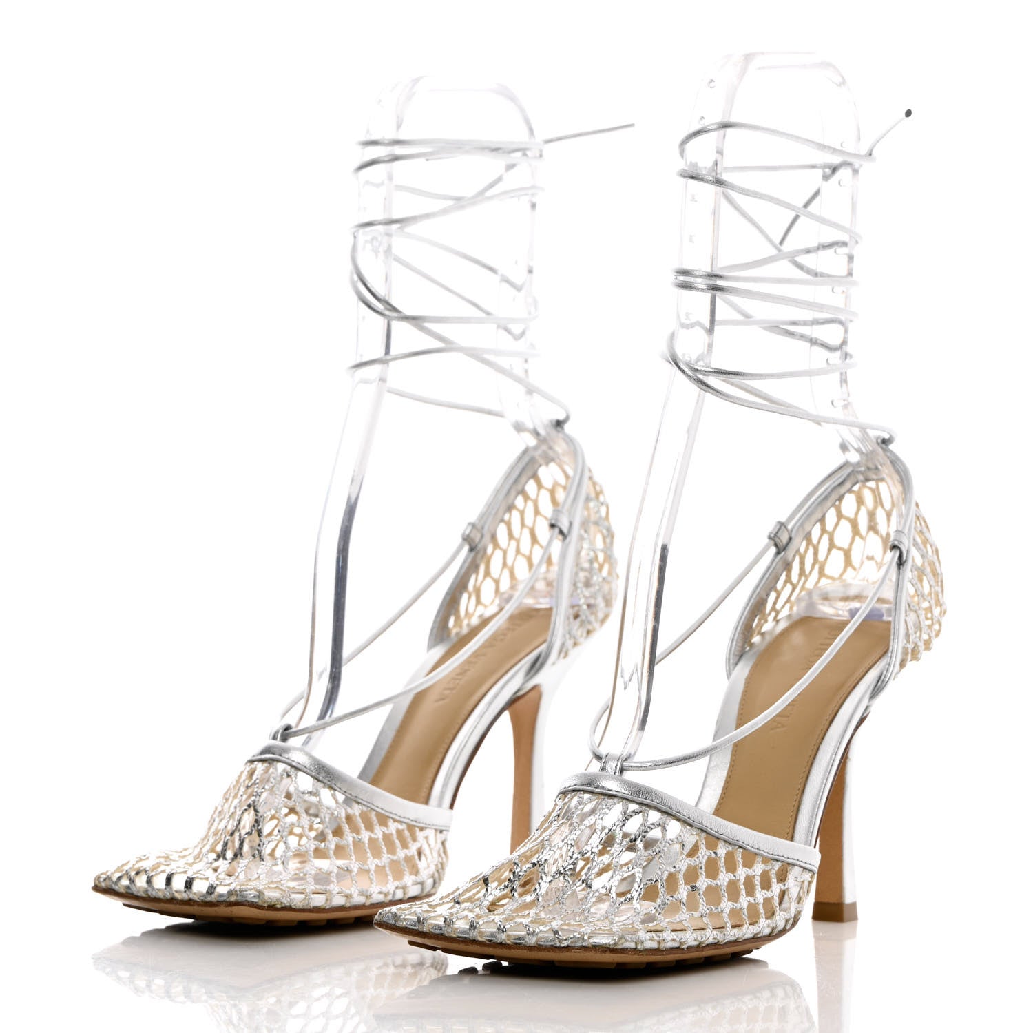 Bottega Veneta Mesh Metallic Nappa Stretch Ankle Tie Sandals 36.5 Silver 3 of 8