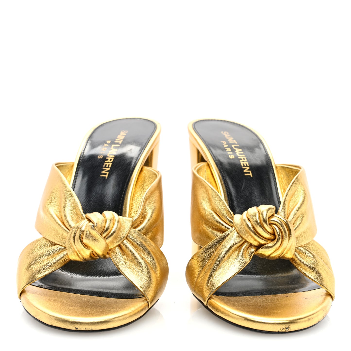 Metallic Calfskin Bianca Knotted Mule Sandals 38 Gold