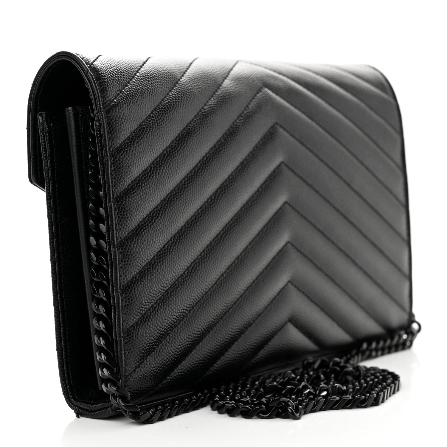Saint Laurent Grain De Poudre Matelasse Chevron Monogram Monochrome Chain Wallet Black 3 of 12