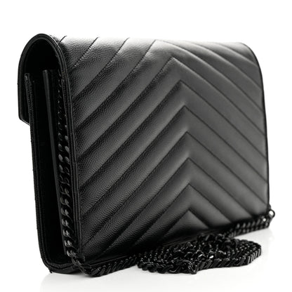 Saint Laurent Grain De Poudre Matelasse Chevron Monogram Monochrome Chain Wallet Black 3 of 12
