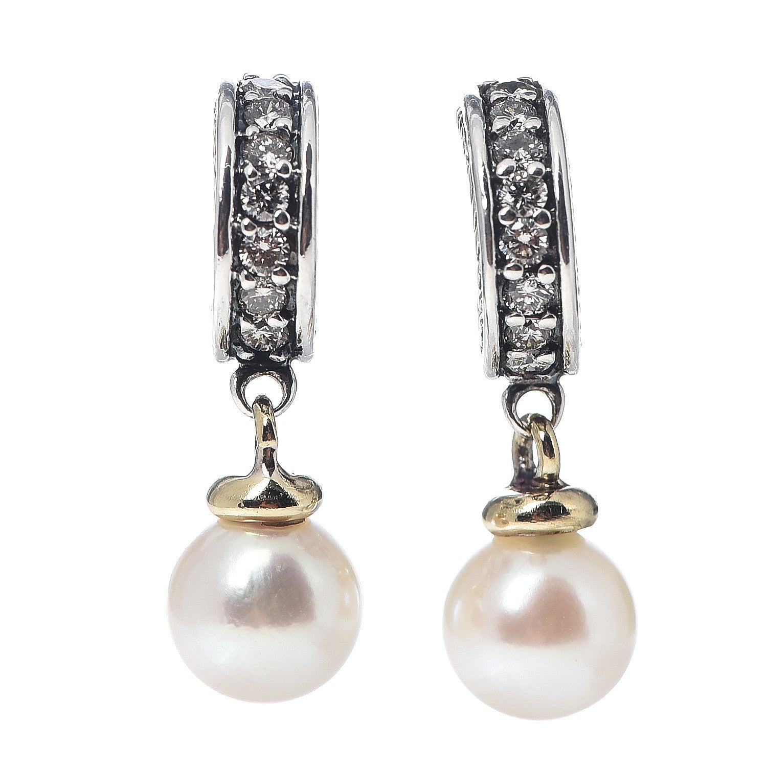 David Yurman Sterling Silver 18K Yellow Gold Pearl Diamond Cable Drop Earrings 1 of 4