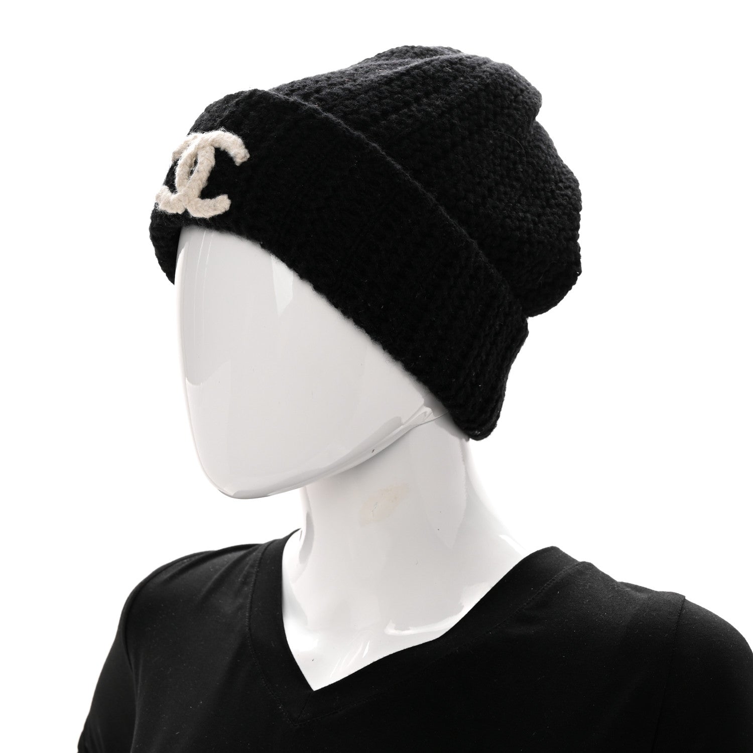 Chanel Wool Cashmere CC Beanie Hat Black White 2 of 5