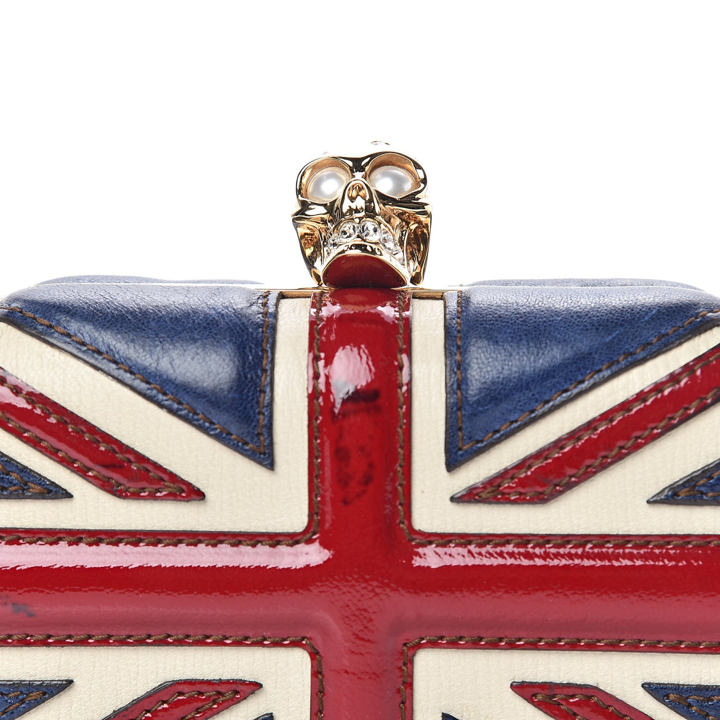 Patent Calfskin Britannia Skull Box Clutch Red Blue
