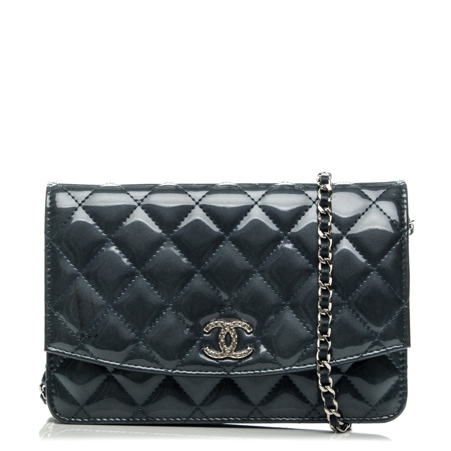 Patent Quilted Brilliant Wallet On Chain WOC Dark Blue