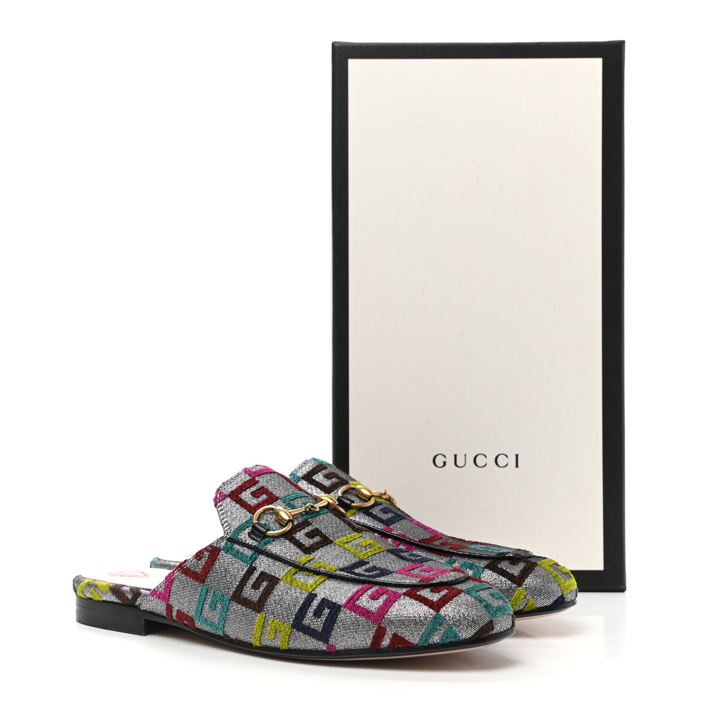 Velvet Lurex Square G Womens Princetown Slippers 37 Silver Multicolor