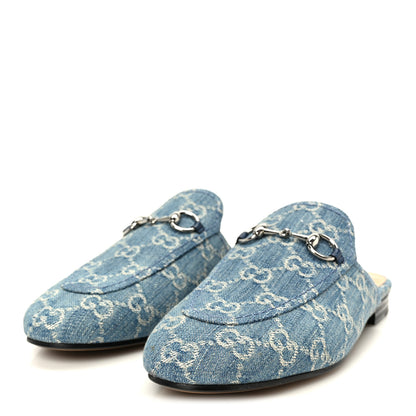 Gucci New Denim GG Malaga Kid Womens Princetown Slippers 37.5 Light Blue Royale 4 of 10