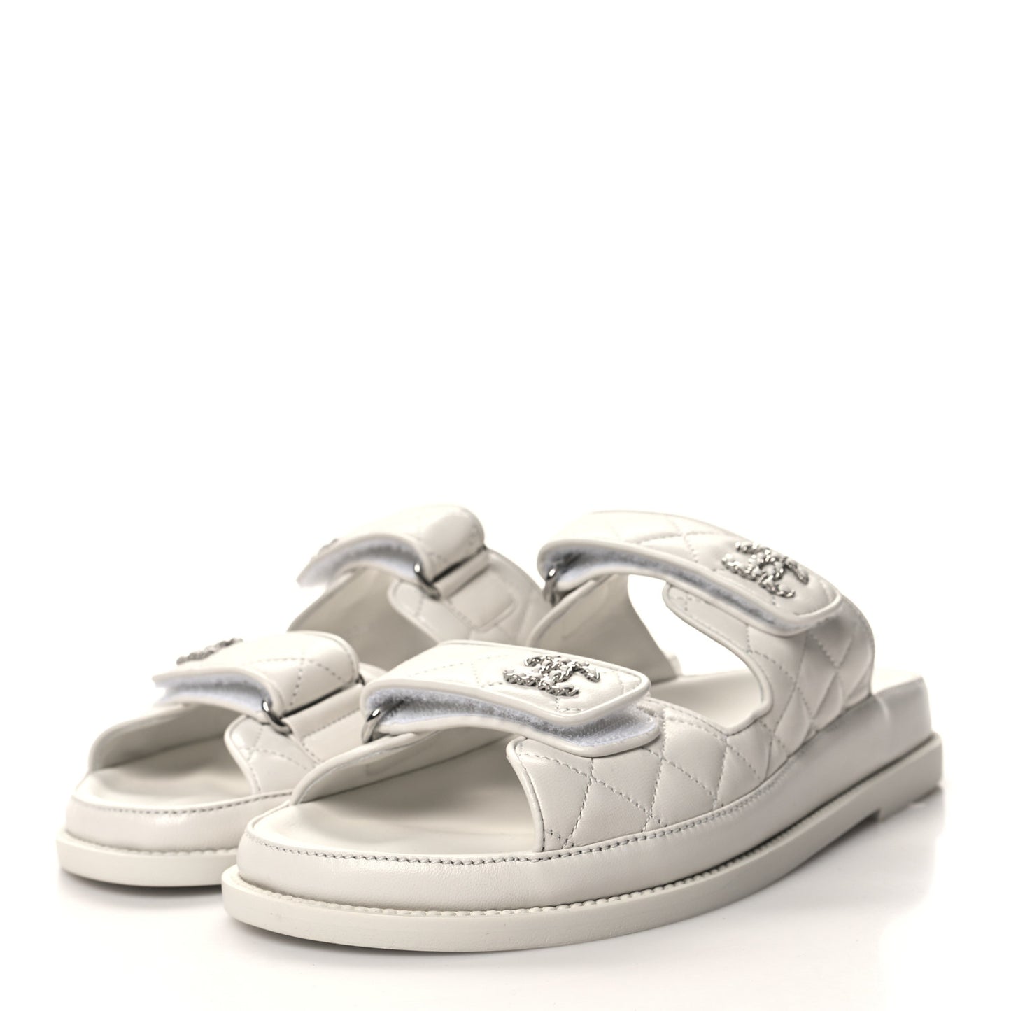 Lambskin Quilted Velcro Dad Chain CC Slide Sandals 39 White