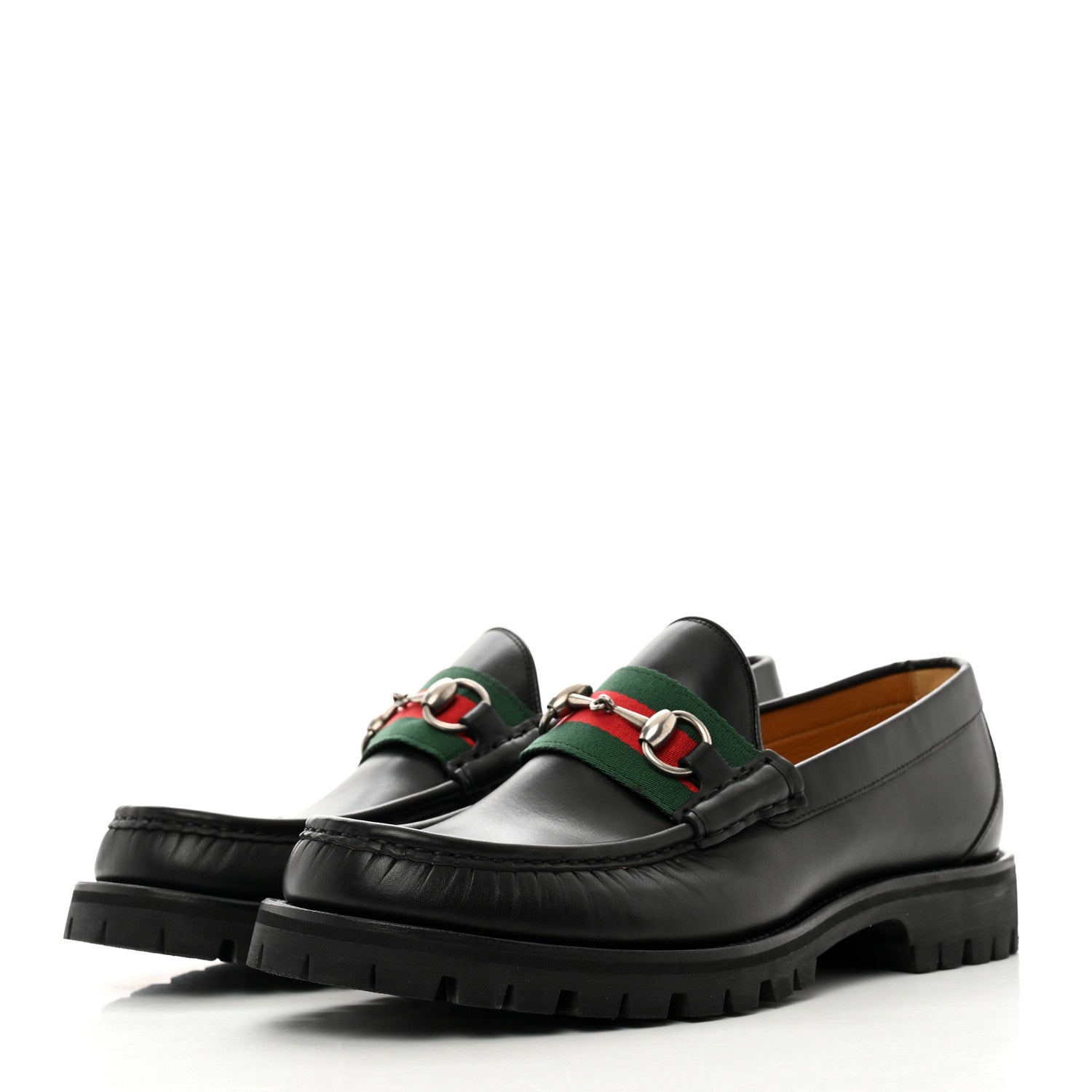 Gucci Cirano Lux Web Mens Horsebit Lug Sole Loafers 8 Black 3 of 9